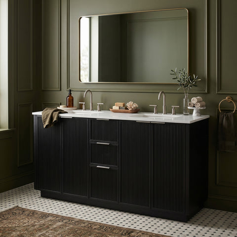 Yara 60" Black Engineered Stone And Solid Wood Bathroom Vanity, 1 Piece
