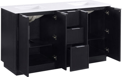 Yara 60" Black Engineered Stone And Solid Wood Bathroom Vanity, 1 Piece