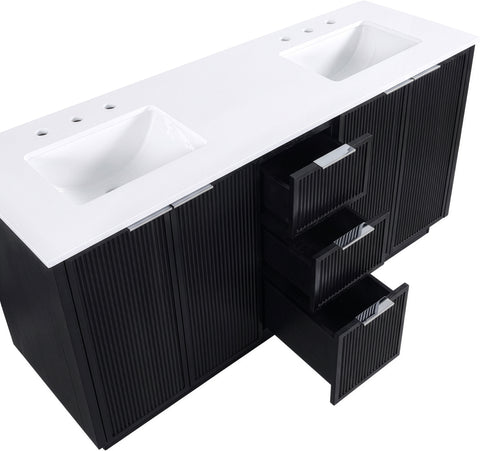 Yara 60" Black Engineered Stone And Solid Wood Bathroom Vanity, 1 Piece