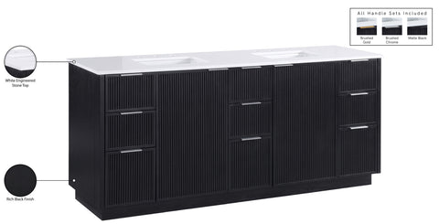 Yara 72" Black Engineered Stone And Solid Wood Bathroom Vanity, 1 Piece