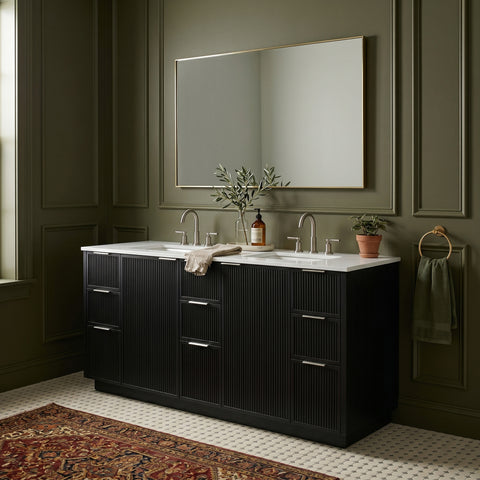 Yara 72" Black Engineered Stone And Solid Wood Bathroom Vanity, 1 Piece