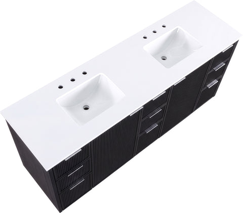 Yara 72" Black Engineered Stone And Solid Wood Bathroom Vanity, 1 Piece
