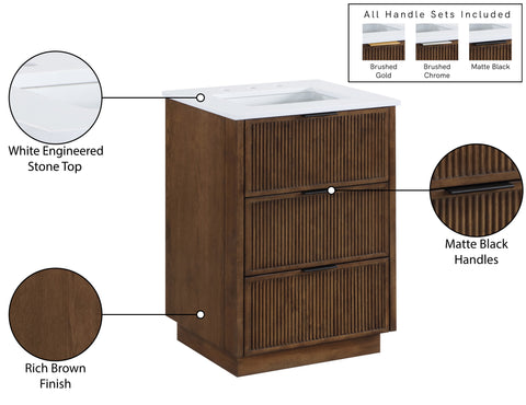 Yara 24" Brown Engineered Stone And Solid Wood Bathroom Vanity, 1 Piece