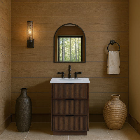 Yara 24" Brown Engineered Stone And Solid Wood Bathroom Vanity, 1 Piece
