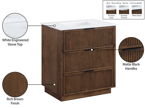 Yara 30" Brown Engineered Stone And Solid Wood Bathroom Vanity, 1 Piece