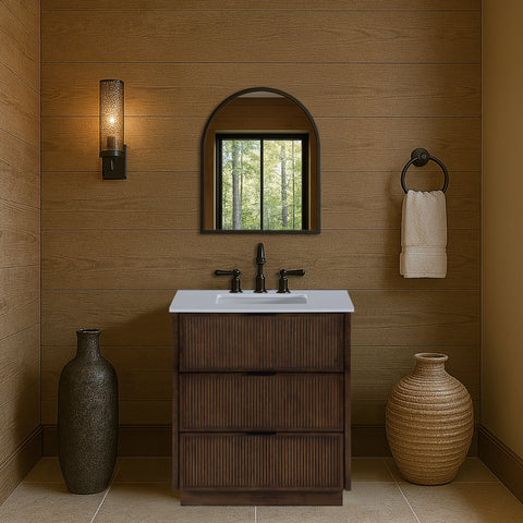 Yara 30" Brown Engineered Stone And Solid Wood Bathroom Vanity, 1 Piece