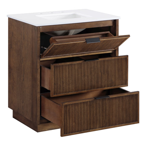 Yara 30" Brown Engineered Stone And Solid Wood Bathroom Vanity, 1 Piece