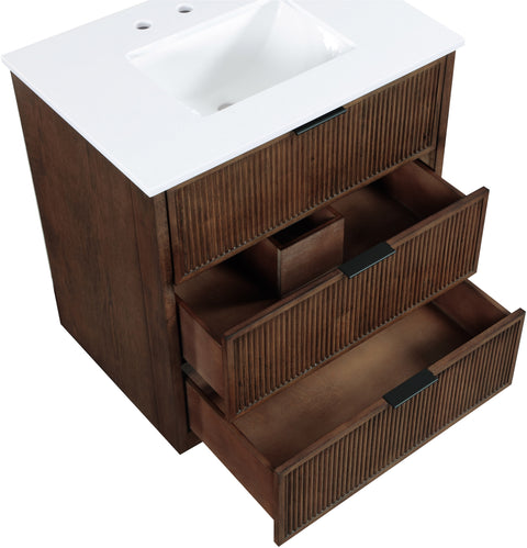 Yara 30" Brown Engineered Stone And Solid Wood Bathroom Vanity, 1 Piece