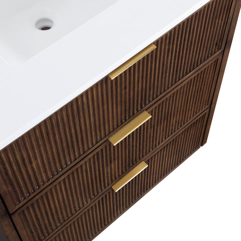 Yara 30" Brown Engineered Stone And Solid Wood Bathroom Vanity, 1 Piece