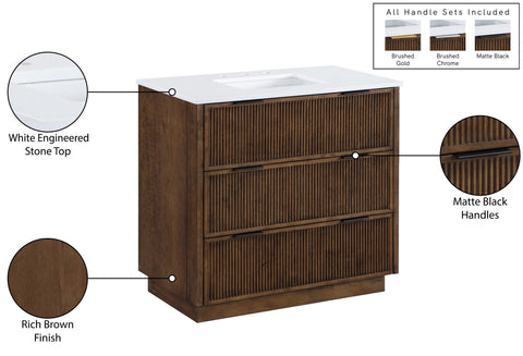 Yara 36" Brown Engineered Stone And Solid Wood Bathroom Vanity, 1 Piece