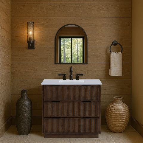 Yara 36" Brown Engineered Stone And Solid Wood Bathroom Vanity, 1 Piece