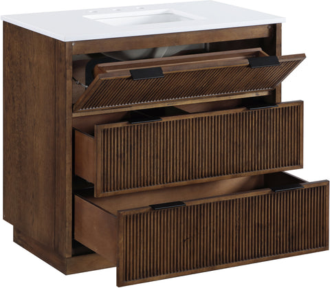 Yara 36" Brown Engineered Stone And Solid Wood Bathroom Vanity, 1 Piece