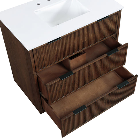 Yara 36" Brown Engineered Stone And Solid Wood Bathroom Vanity, 1 Piece