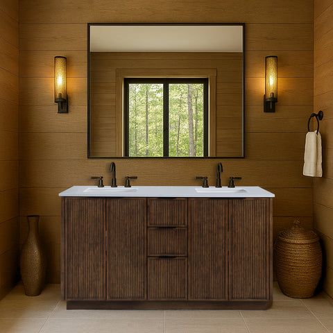 Yara 60" Brown Engineered Stone And Solid Wood Bathroom Vanity, 1 Piece