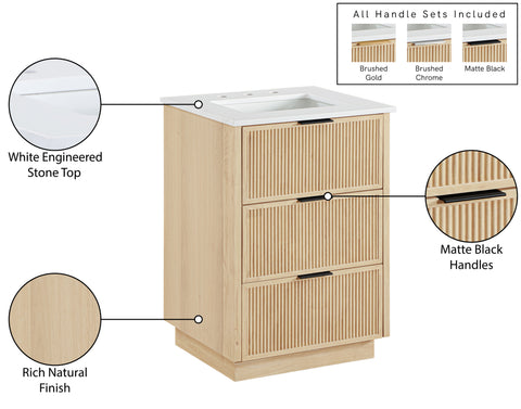 Yara 24" Natural Engineered Stone And Solid Wood Bathroom Vanity, 1 Piece