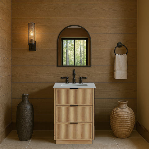 Yara 24" Natural Engineered Stone And Solid Wood Bathroom Vanity, 1 Piece