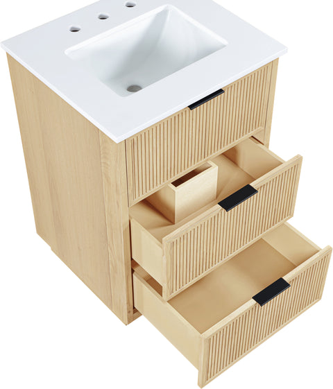 Yara 24" Natural Engineered Stone And Solid Wood Bathroom Vanity, 1 Piece