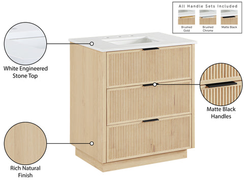 Yara 30" Natural Engineered Stone And Solid Wood Bathroom Vanity, 1 Piece