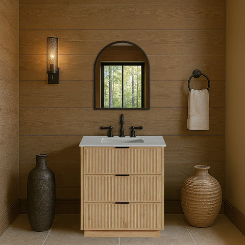 Yara 30" Natural Engineered Stone And Solid Wood Bathroom Vanity, 1 Piece