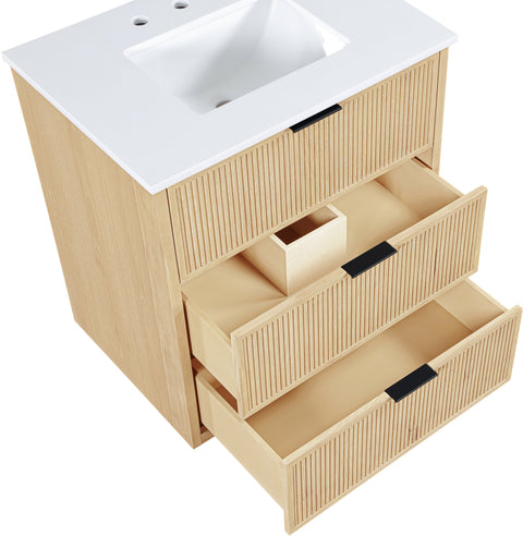 Yara 30" Natural Engineered Stone And Solid Wood Bathroom Vanity, 1 Piece