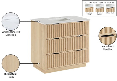 Yara 36" Natural Engineered Stone And Solid Wood Bathroom Vanity, 1 Piece