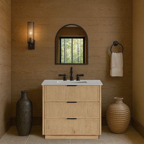 Yara 36" Natural Engineered Stone And Solid Wood Bathroom Vanity, 1 Piece
