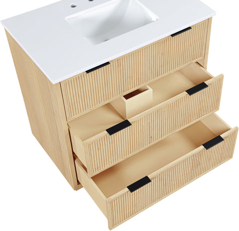 Yara 36" Natural Engineered Stone And Solid Wood Bathroom Vanity, 1 Piece