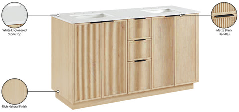 Yara 60" Natural Engineered Stone And Solid Wood Bathroom Vanity, 1 Piece