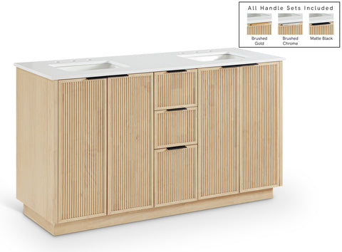 Yara 60" Natural Engineered Stone And Solid Wood Bathroom Vanity, 1 Piece
