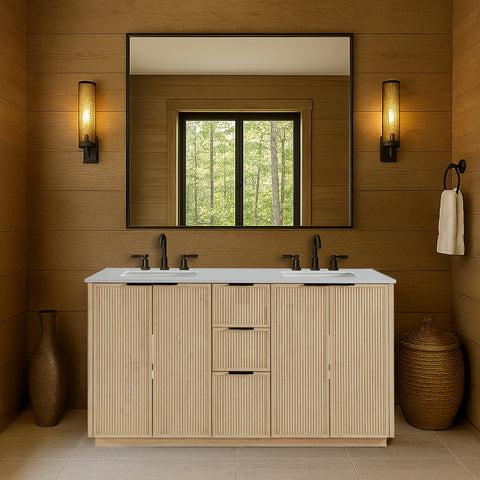 Yara 60" Natural Engineered Stone And Solid Wood Bathroom Vanity, 1 Piece