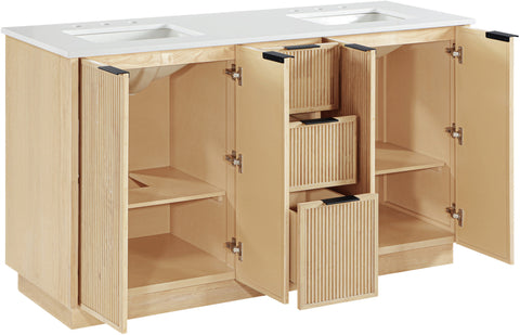 Yara 60" Natural Engineered Stone And Solid Wood Bathroom Vanity, 1 Piece