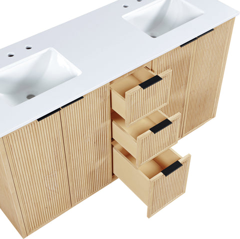 Yara 60" Natural Engineered Stone And Solid Wood Bathroom Vanity, 1 Piece