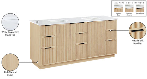 Yara 72" Natural Engineered Stone And Solid Wood Bathroom Vanity, 1 Piece