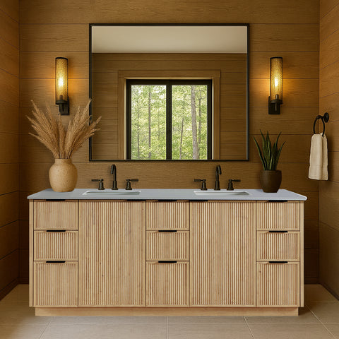 Yara 72" Natural Engineered Stone And Solid Wood Bathroom Vanity, 1 Piece