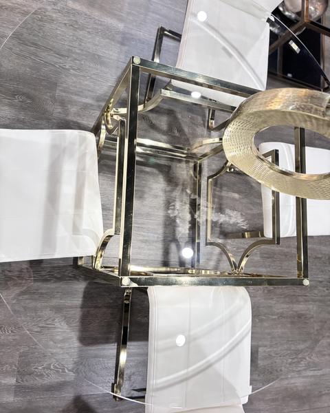 48" Round Glass Dining Set with White Chairs & Gold Base