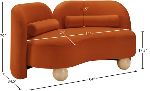 Camden 64" Cognac Velvet Upholstered Loveseat, 1 Piece