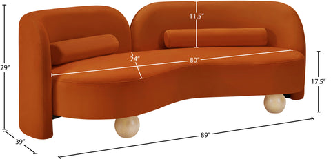 Camden 89" Cognac Velvet Upholstered Sofa, 1 Piece