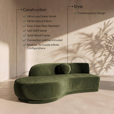 Juniper 86" Green Velvet Performance Fabric Upholstered Left Sofa, 1 Piece