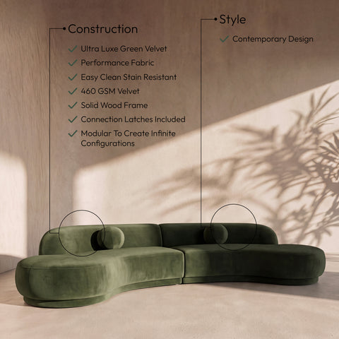 Juniper 146" Green Velvet Performance Fabric Upholstered Sectional