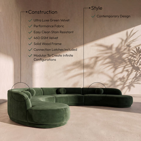 Juniper 189" Green Velvet Performance Fabric Upholstered Sectional