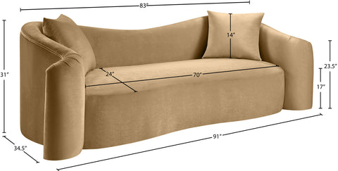 Elara 91" Camel Velvet Upholstered Sofa, 1 Piece