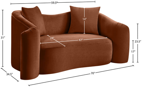 Elara 70" Cognac Velvet Upholstered Loveseat, 1 Piece