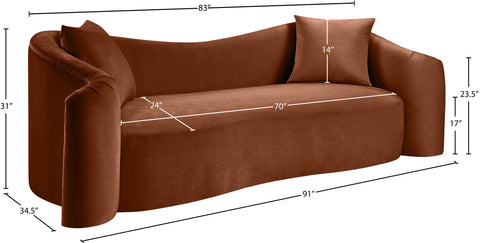 Elara 91" Cognac Velvet Upholstered Sofa, 1 Piece