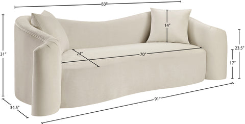 Elara 91" Cream Velvet Upholstered Sofa, 1 Piece