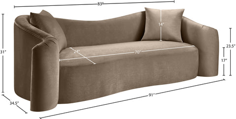 Elara 91" Taupe Velvet Upholstered Sofa, 1 Piece