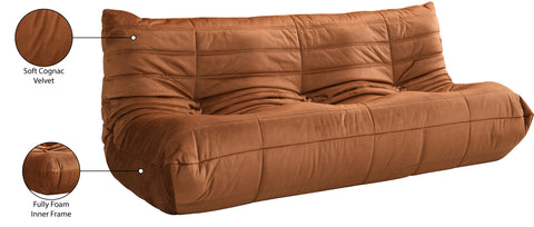 Jolie 77.75" Cognac Velvet Upholstered Sofa, 1 Piece