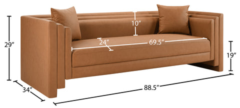 Selene 88.5" Cognac Vegan Leather Upholstered Sofa, 1 Piece