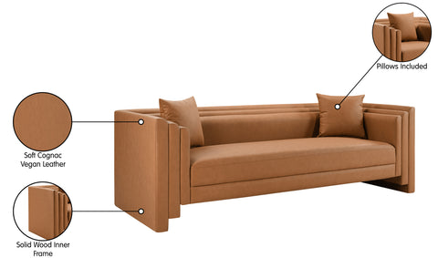 Selene 88.5" Cognac Vegan Leather Upholstered Sofa, 1 Piece