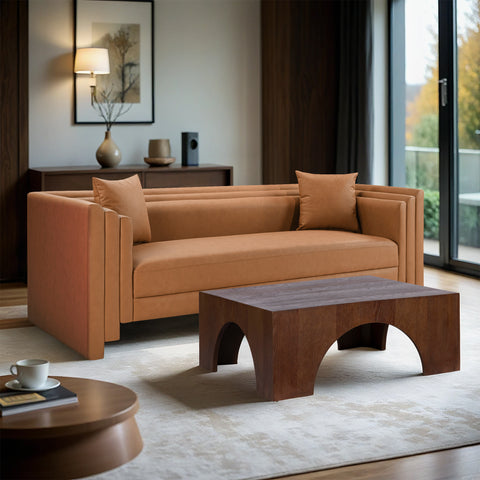 Selene 88.5" Cognac Vegan Leather Upholstered Sofa, 1 Piece