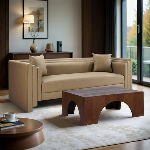 Selene 88.5" Tan Vegan Leather Upholstered Sofa, 1 Piece